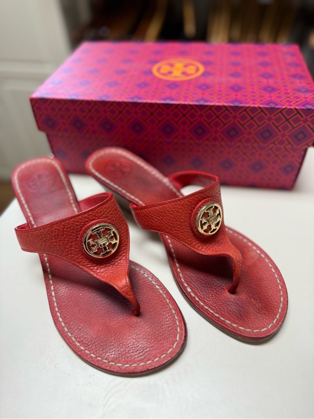 Tory Burch Red Leather Logo Thong Sandals